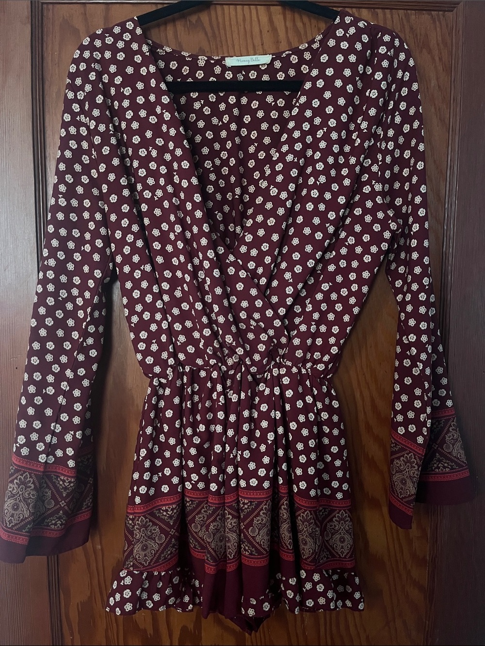 Honey Belle Maroon Floral Surplice Long Sleeve Romper